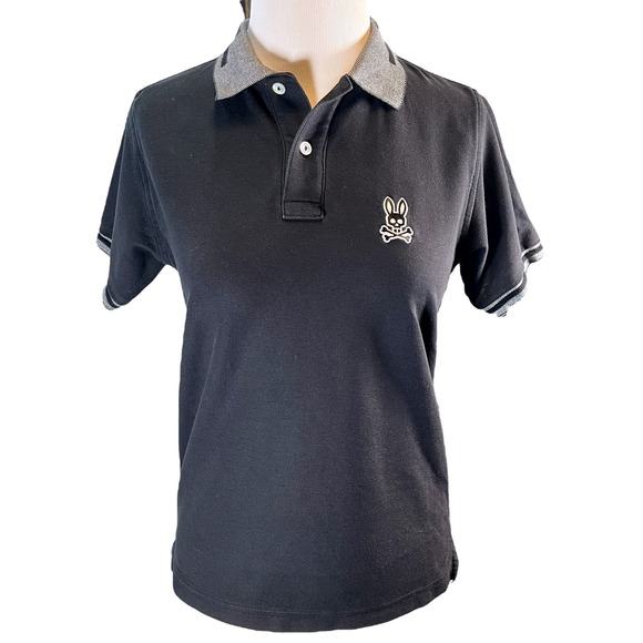 Psycho Bunny Pima Cotton Polo Shirt Skull Bunny Logo Black Gray Trim Small‎ - Picture 1 of 5